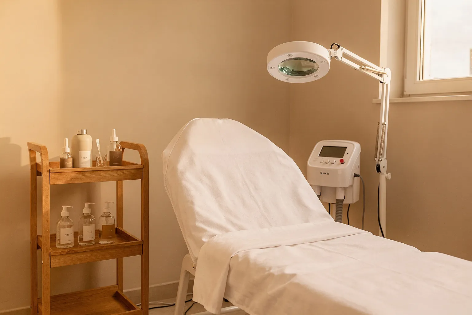 Camilla facial con lupa, vaporizador y carro de productos