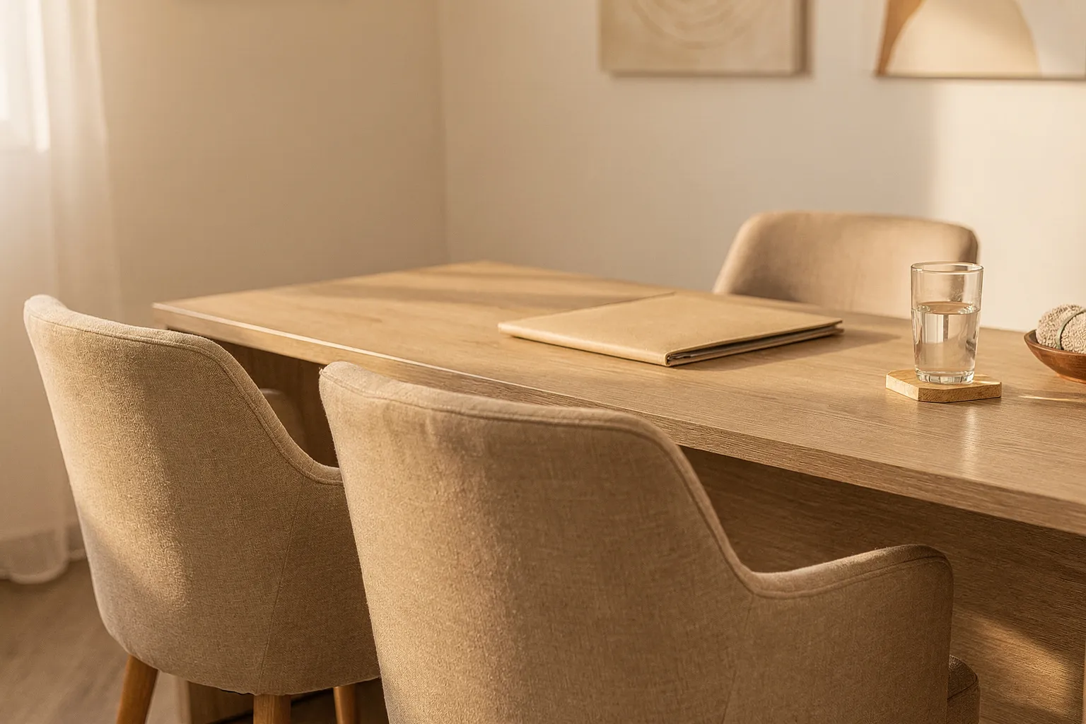 Dos sillas tapizadas frente a una mesa de madera en una consulta