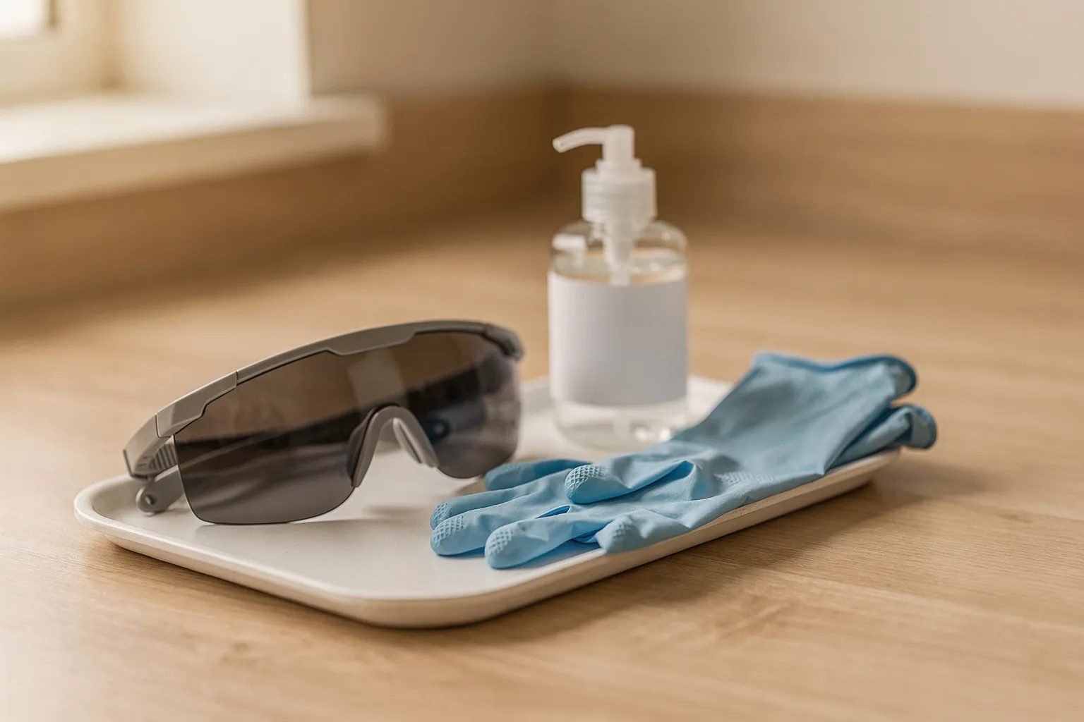 Gafas de protección láser, guantes y gel sobre una bandeja