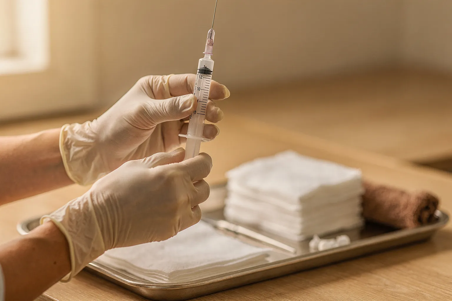 Manos con guantes sosteniendo una jeringa precargada sin etiqueta