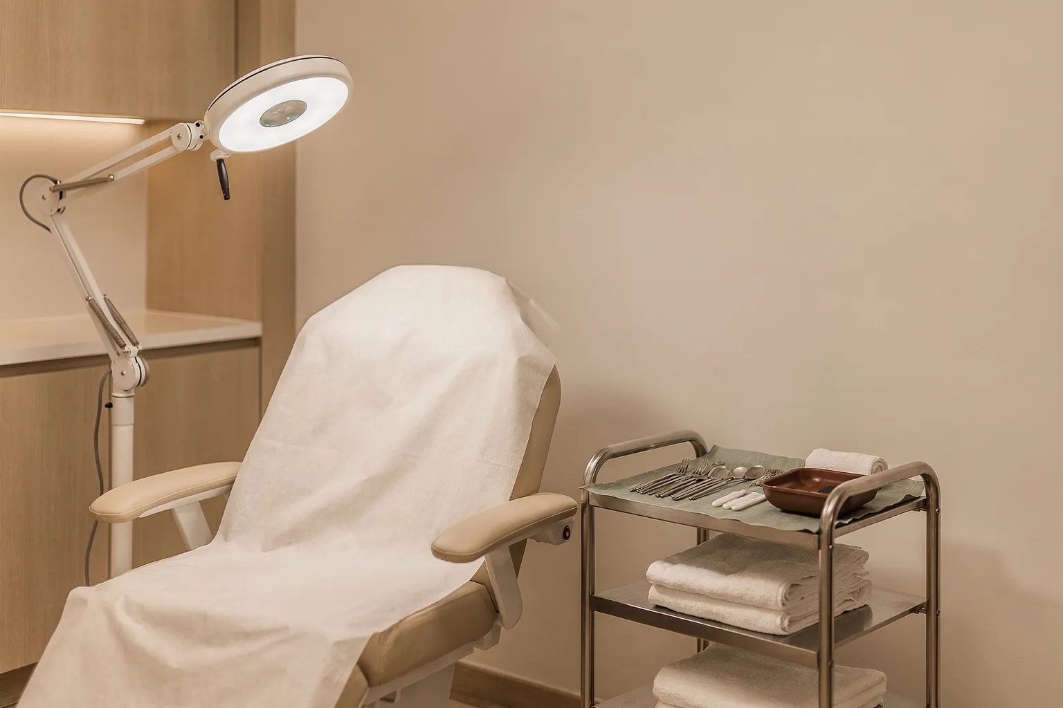 Quirófano con sillón reclinable y lámpara quirúrgica