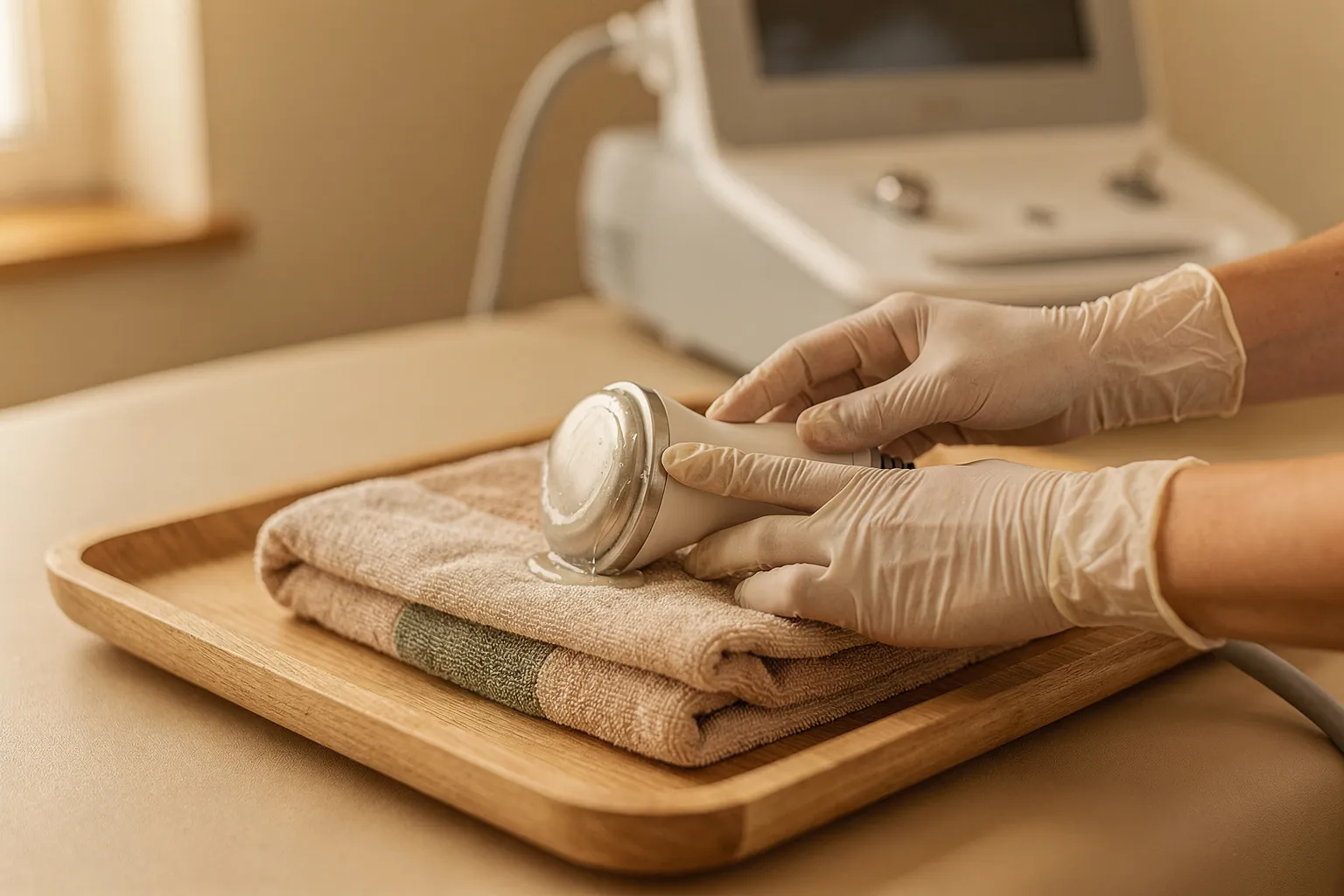 Manos con guantes extendiendo gel en el aplicador de radiofrecuencia corporal