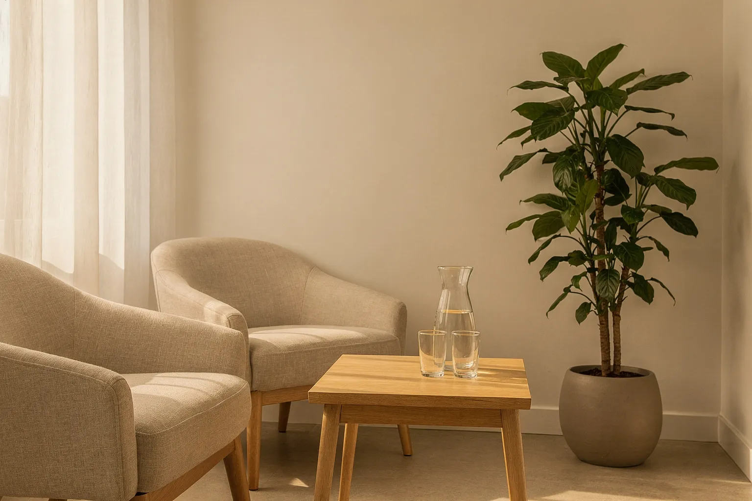 Sala de espera con dos butacas de lino, una mesa baja y una planta