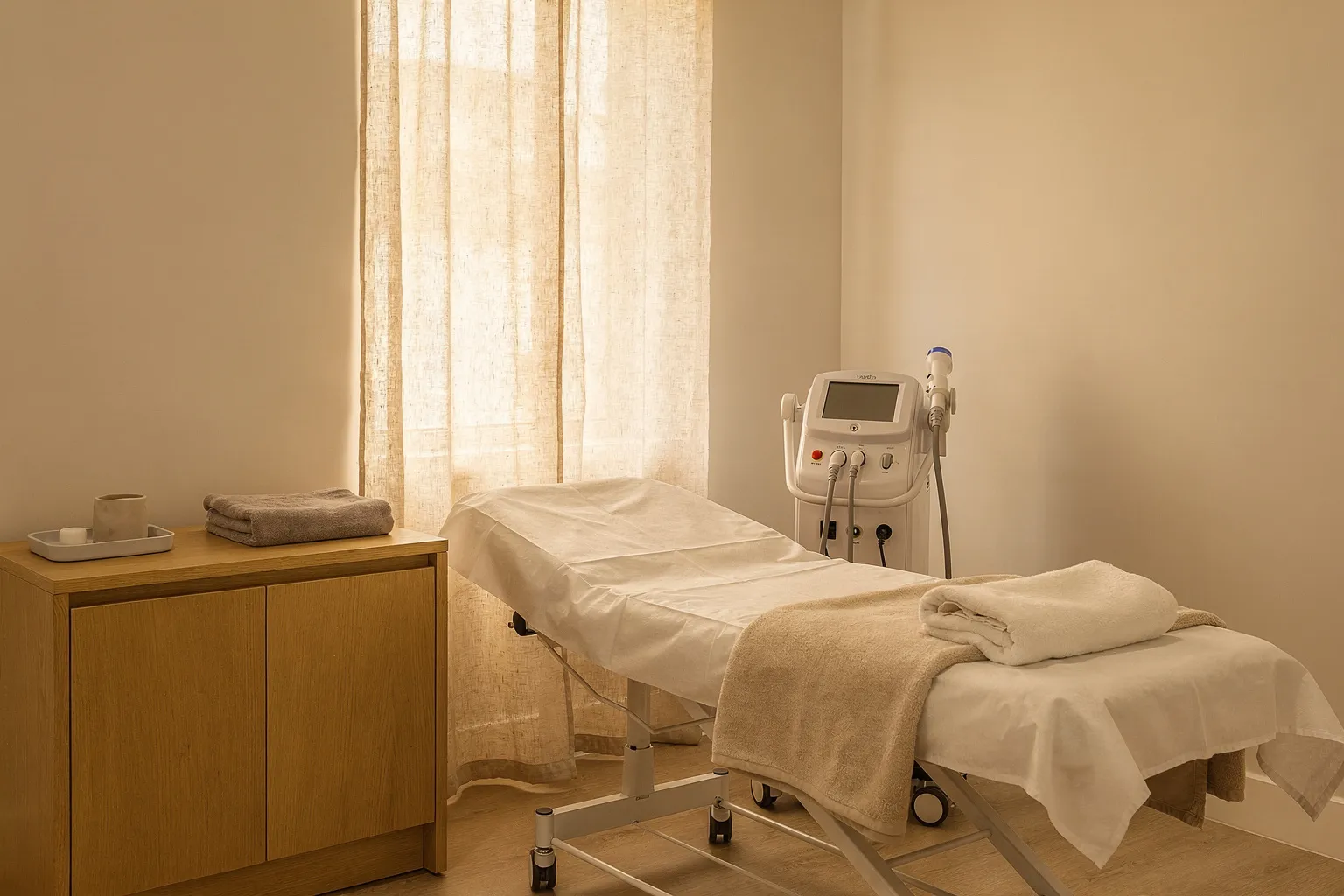 Plataforma láser médica junto a una camilla en una sala de tratamiento
