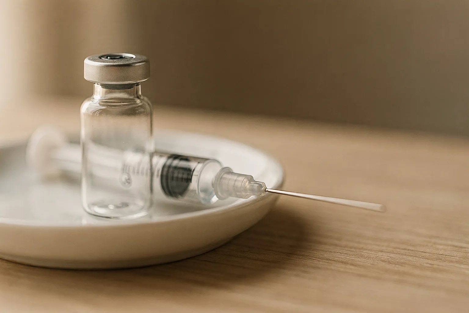 Vial de cristal y jeringa con capuchón sobre un plato blanco